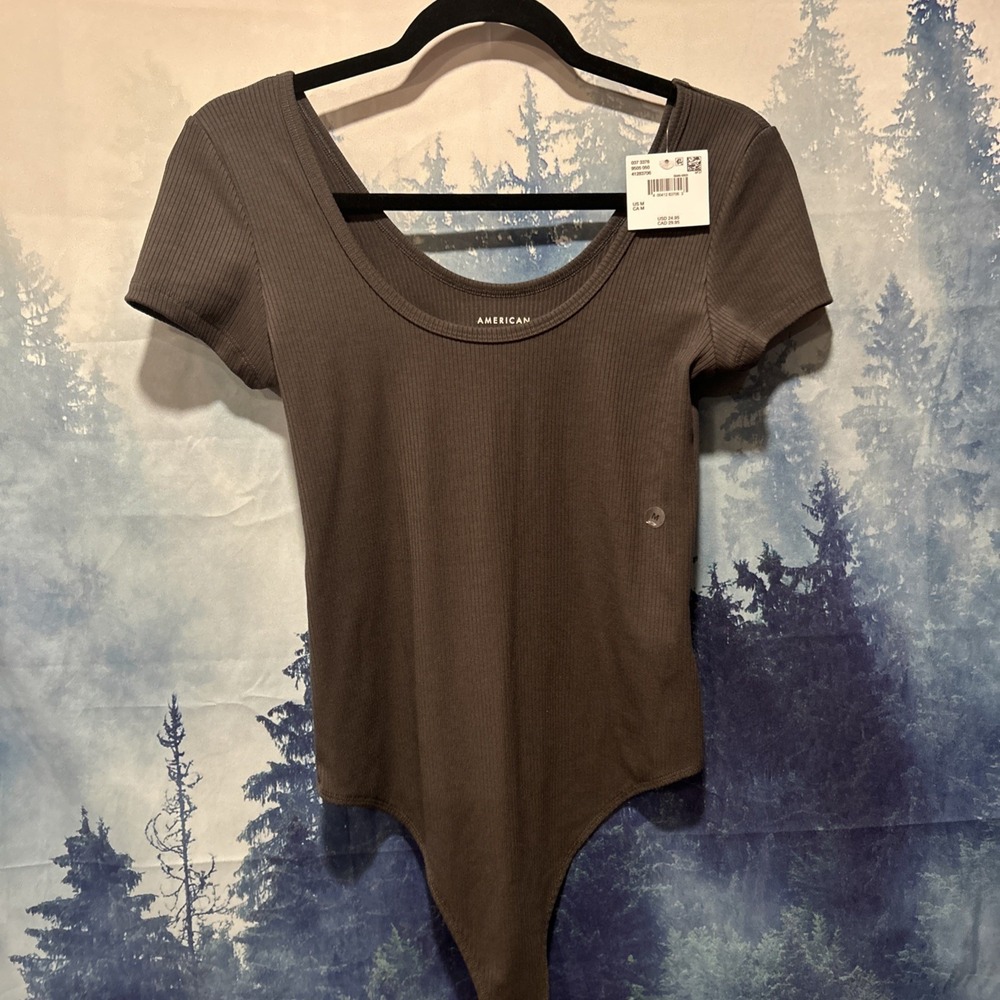 NEW‎ American Eagle Bodysuit Womens M Scoop Neck Ribbed Thong Short Sleeve Gray